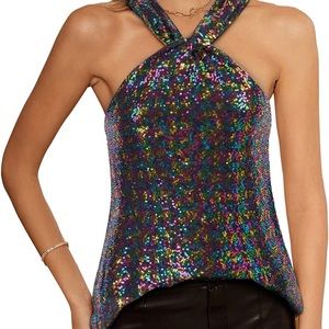 NWT GRACE KARIN Women's Sequin Sparkle Tank Tops Halter 2XL